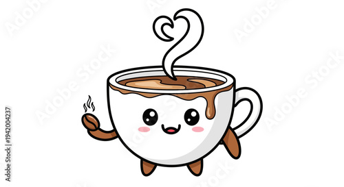 Cute cartoon coffee cup character smiling.