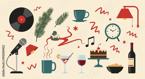 Party objects and food on beige background