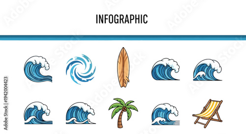 Beach and ocean icons set summer vacation symbols