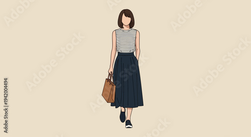 Fashionable woman walking with handbag on beige background