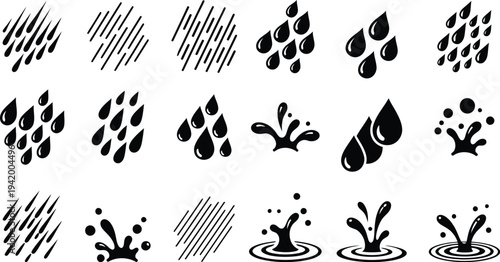 A collection of water  rain and water droplet silhouette patterns and designs on a white background
