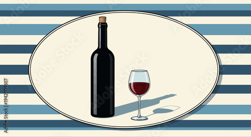 Red wine bottle and glass on striped background