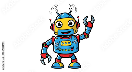 Colorful cartoon robot with wrench.