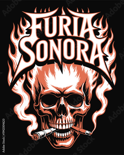 Skull with cigars and flames text Furia Sonora human skull smoking