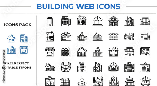 Building and Architecture Web Icons Set: City, Construction, Real Estate, Infrastructure and Urban Planning Vector Illustrations