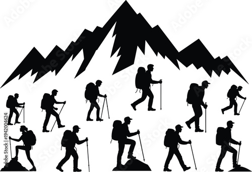 Hiking silhouettes, mountain trekking, outdoor adventure, backpack hikers, trekking poles, climbing posture, rugged landscape, nature exploration, travel concept, wilderness journey