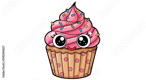 Cartoon Cupcake With Pink Frosting.