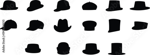 Hat silhouettes vector, fifteen headwear styles, fashion accessory illustration, black design icons, different hat shapes, costume and character artwork