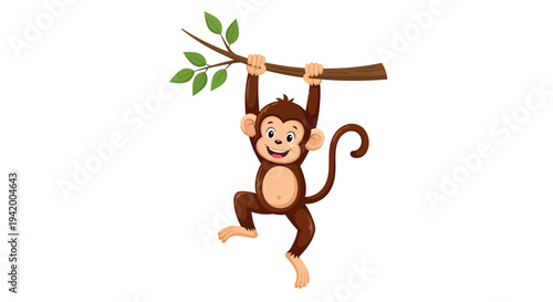 A cartoon monkey hanging from branch.