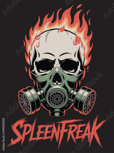 Skull with gas mask and flames text Spleenfreak fire burning