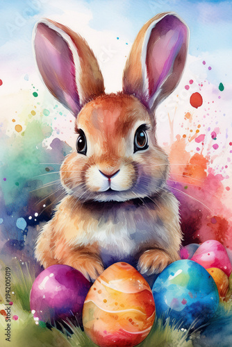 Cute watercolor bunny sitting among colorful easter eggs