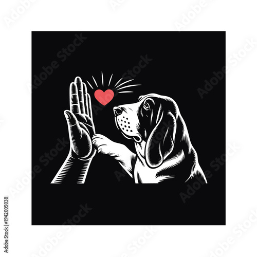 Basset Hound giving high five to human hand with red heart symbol vector