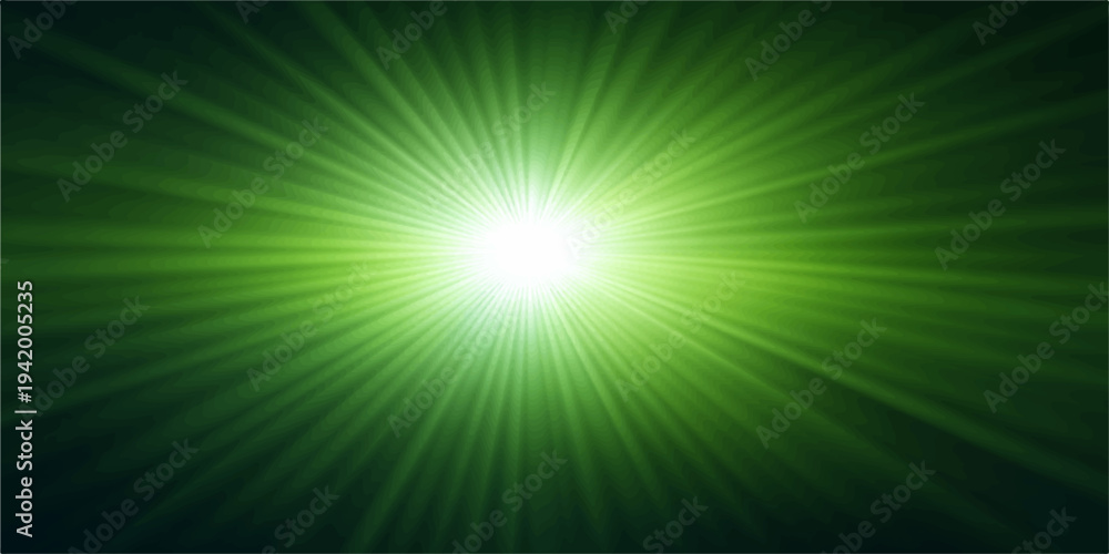 Fototapeta premium Abstract green light burst background with bright glowing sun rays and radiant energy design