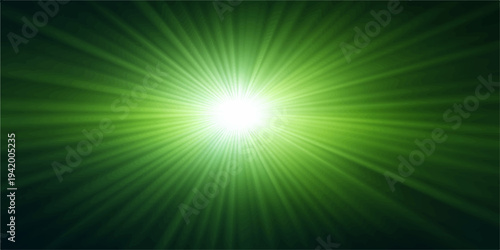Abstract green light burst background with bright glowing sun rays and radiant energy design