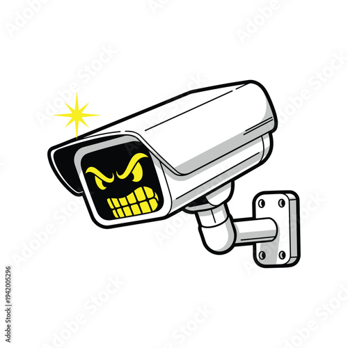Cartoon security camera with an angry glowing yellow face inside its lens