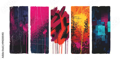 Set of five abstract grunge vertical banners with vibrant spray paint drips and urban street art textures vector illustration