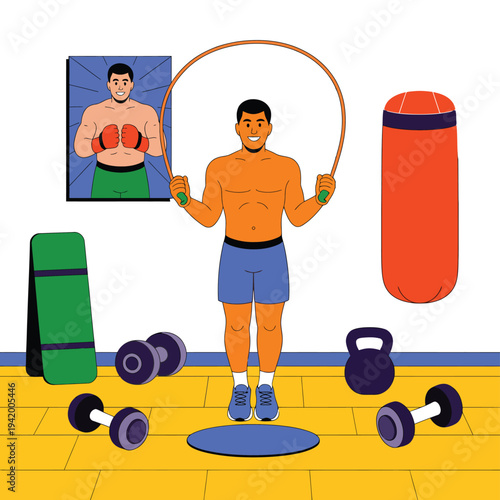 A man is jumping rope in a boxing gym with weights and a punching bag.