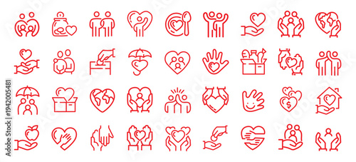 Charity human care outline icons pack. Line signs volunteering and social help, support kindness or friendly relations. Thin vector icons set perfect for web app infographic business social projects.