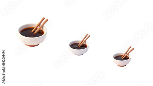 Illustration of a small bowl containing soy sauce, ketchup and chopsticks.