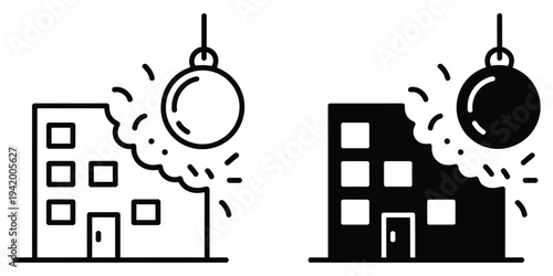 Black and white line graphic of a wrecking ball in action, smashing building structures, scalable vector illustration