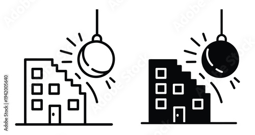 Black and white line illustration of a wrecking ball demolishing buildings, minimalist vector design of demolition structure for construction