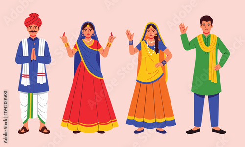 Illustration of four people in traditional indian clothing gesturing with their hands
