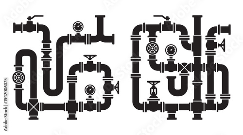 Plumbing pipes valves pressure gauges industrial system vector illustration