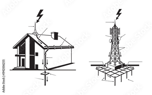 Lightning rod house tower protection lightning strike protection vector illustration