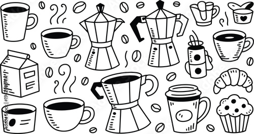 A delightful collection of hand drawn coffee themed doodles including cups and Moka pots