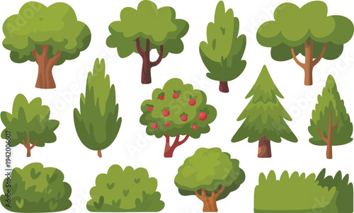 A delightful group of various green trees and different types of bushes neatly arranged on a clean white surface