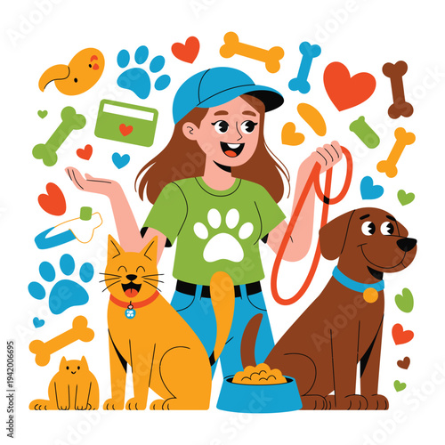 A person with a dog and cat in a pet-themed illustration with hearts and bones
