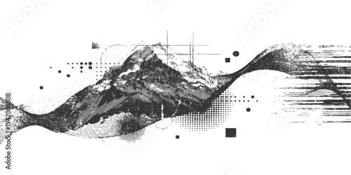 Abstract monochrome glitch wave background with halftone dots and geometric elements for modern tech-themed vector illustration design