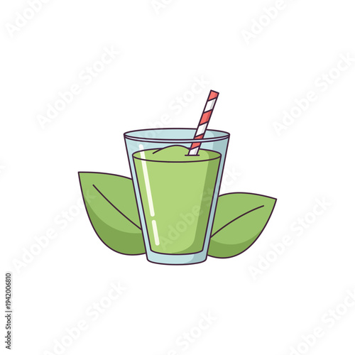 flat vector icon of green smoothie glass with straw and leaves representing healthy diet, soft pastel palette
