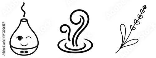 Black and white outline aroma diffuser with steam swirl and lavender sprig, minimalist vector illustration for wellness, spa, and aromatherapy branding, websites, and print materials