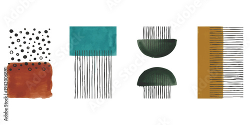 Abstract minimalist geometric wall art compositions with watercolor textures and hand-drawn line elements in mid-century modern style vector illustration