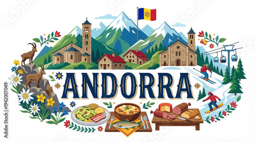 Andorra Culture and Tourism Vector Illustration with Pyrenees Mountains Skiing and Romanesque