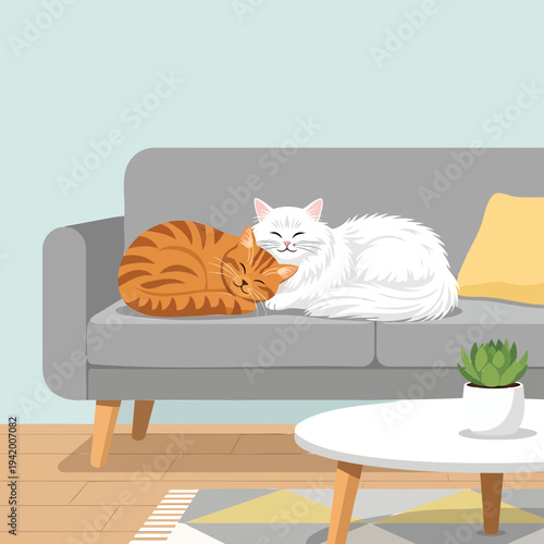 Two cats cuddling on a gray couch in a cozy living room scene viewed from the side