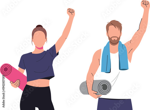 Fitness couple holding yoga mats celebrating healthy lifestyle vector illustration concept