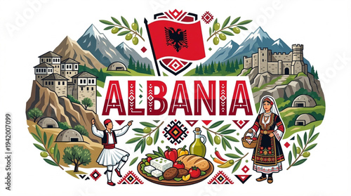 Albania Culture and Tourism Vector Illustration with Gjirokaster Rozafa Castle and National Symbols