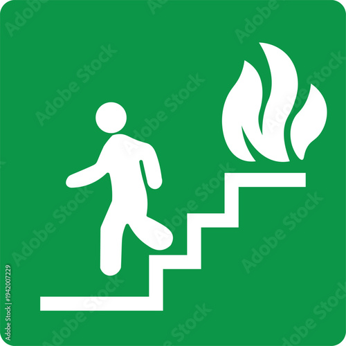Fire escape sign showing person running down stairs away from flames, green emergency exit symbol