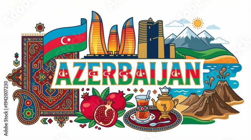 Azerbaijan Culture and Tourism Vector Illustration with Flame Towers Baku and National Symbols