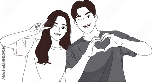 Young couple making heart gesture smiling love vector illustration concept