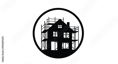 House under construction depicted within a circular frame silhouette