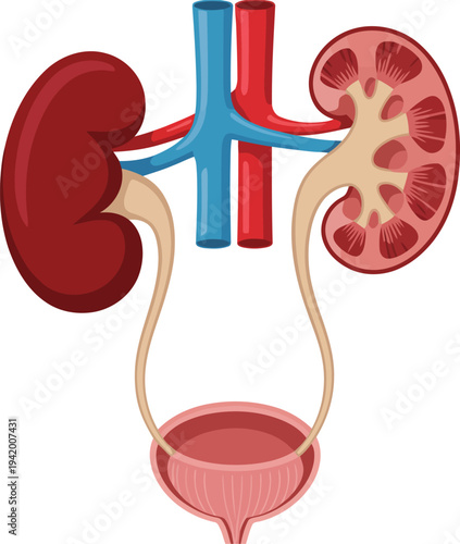 A detailed educational diagram displays the human kidneys, ureters, bladder, and connecting blood vessels