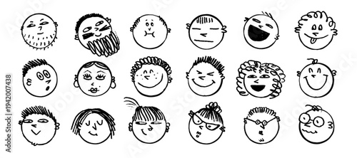 Chalk doodle emoji sketch faces drawn in playful hand-drawn line style with simple expressions. Emoji doodle crayon sketch for fun character designs. Perfect for stickers, posters, kids illustrations