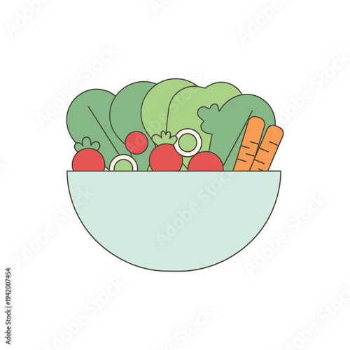 flat illustration icon of salad bowl with vegetables representing healthy lifestyle nutrition