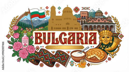 Bulgaria Culture and Tourism Vector Illustration with Rila Monastery Alexander Nevsky Cathedral and Rose Valley Icons
