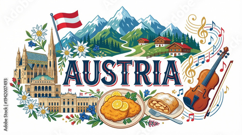 Austria Culture and Tourism Vector Illustration with Alps Mountains Vienna and Classical Music Icons