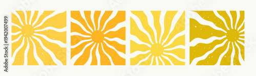 Retro sunburst vector set in warm yellow and orange shades with distressed te...