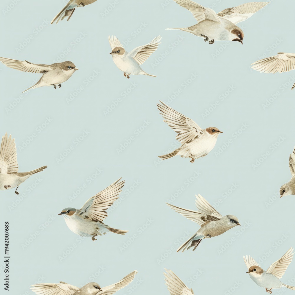 Obraz premium seamless pattern, birds flying, soft sky blue and neutral tones, realistic illustration, aesthetic